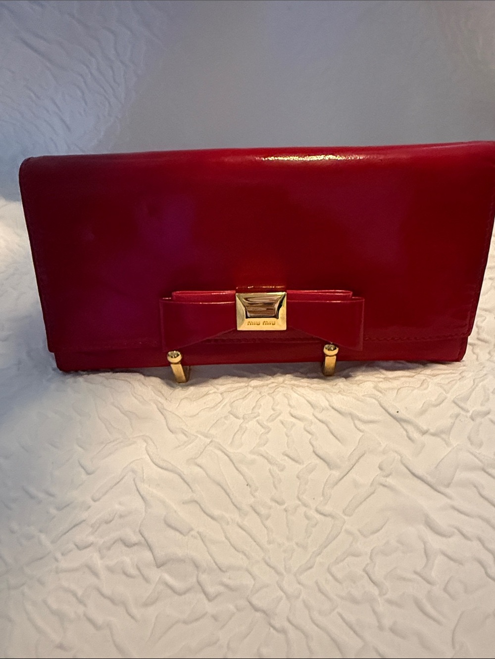 Miu Miu Red Patent Leather Bow Clutch with Gold Hardware